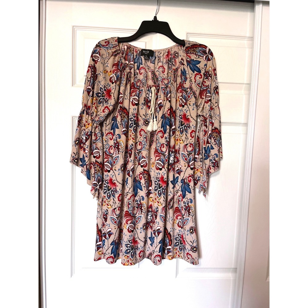 NAIF Petite Paisley Floral Bell Sleeve Tassel Tie Tunic Top Tan Red PS
